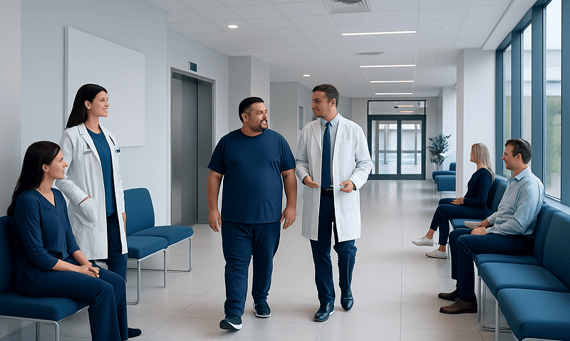 Patients and doctors in a hospital corridor engaging in conversation.