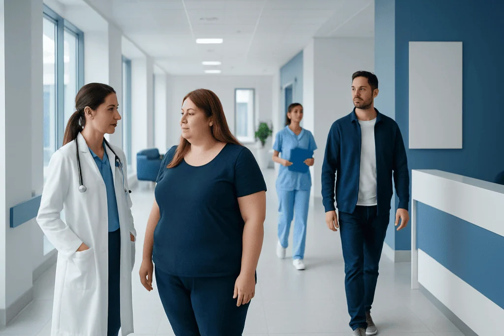 Stomach Reduction Without Surgery: Options, Limits, and Results 1 Medical consultation with a doctor and a patient in a hospital corridor.