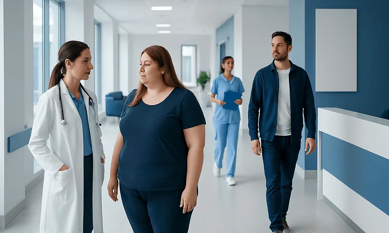Medical consultation with a doctor and a patient in a hospital corridor.
