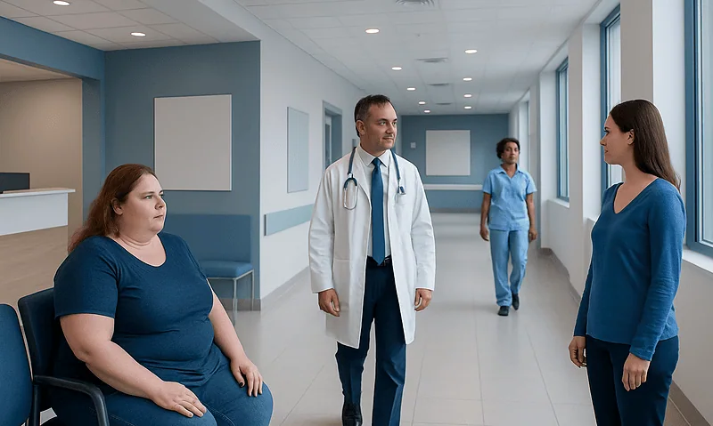 Doctor consulting with a patient in a hospital corridor.