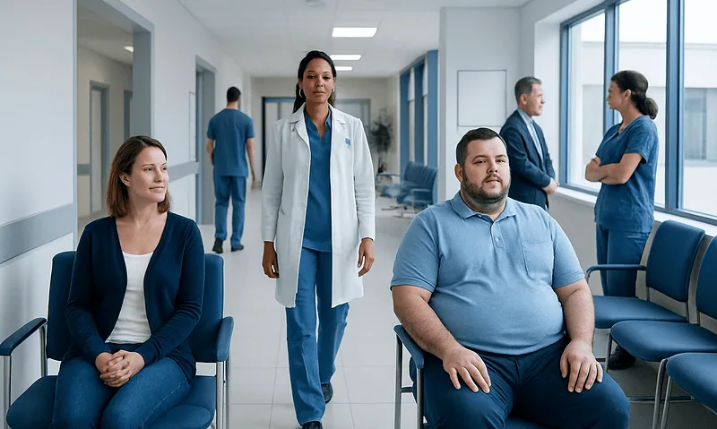 Patients waiting in a hospital corridor with medical staff present.