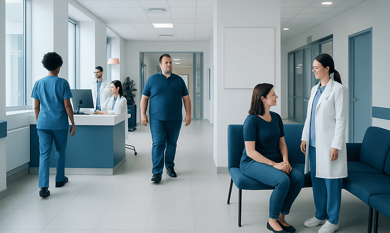 Patients and medical staff in a modern hospital corridor.