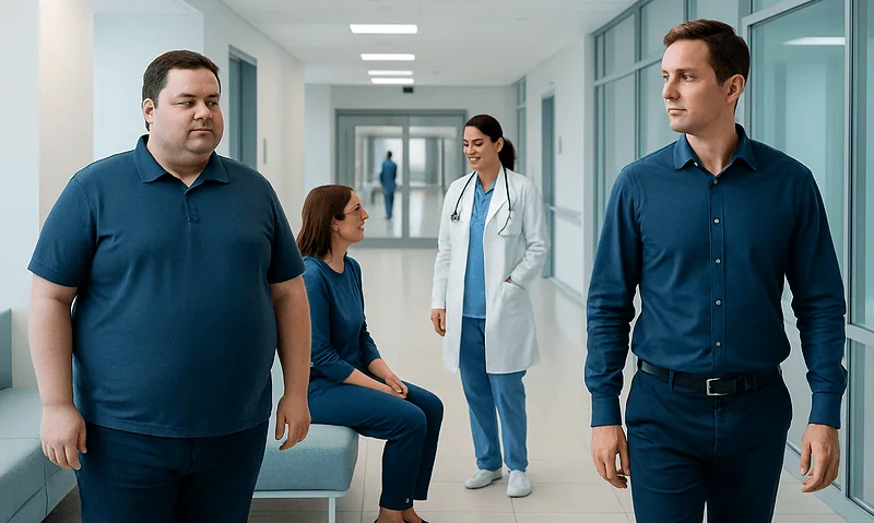 Patients waiting in a hospital corridor with a doctor nearby.