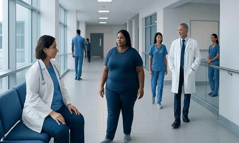 Medical team discussing patient care in hospital corridor.