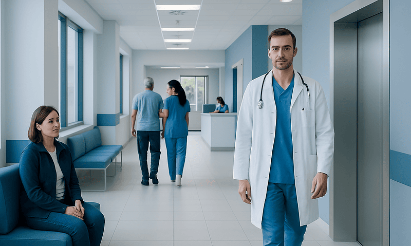 Medical professionals and patients in a modern hospital corridor.