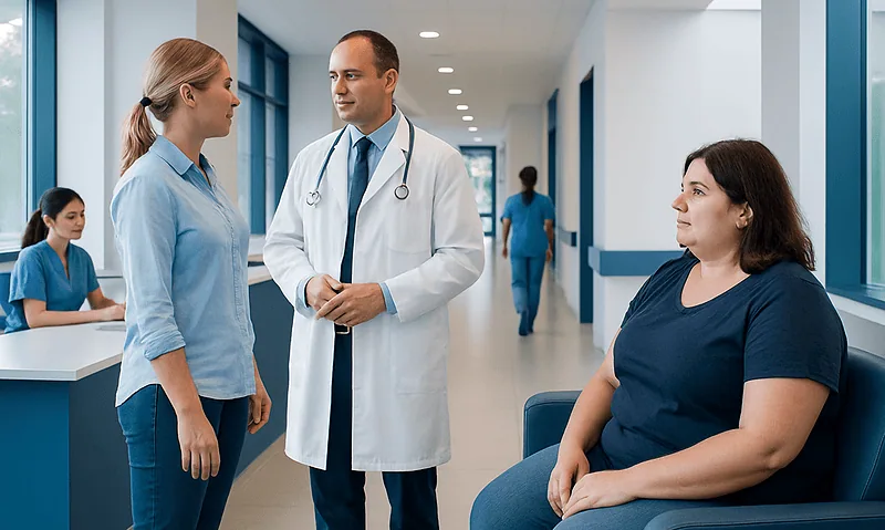 Doctor consulting with female patient in hospital corridor.