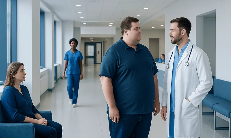 Hospital corridor with medical staff and patient in conversation.
