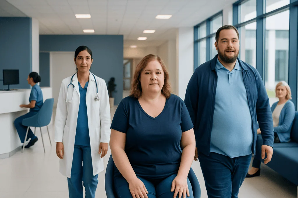What Is Bariatric Surgery? How Weight Loss Surgery Works 1 Patients and healthcare professionals in a modern hospital corridor.