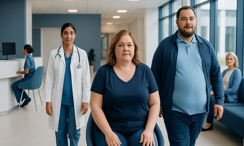 Patients and healthcare professionals in a modern hospital corridor.