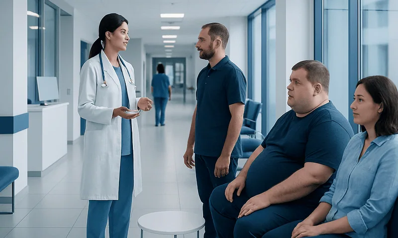 Doctor consulting with overweight patients in hospital corridor.