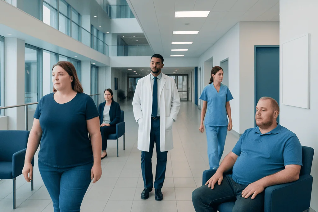 Gastric Bypass vs Gastric Sleeve: Which Surgery May Be Better? 1 Patients waiting in a hospital corridor with medical staff present.