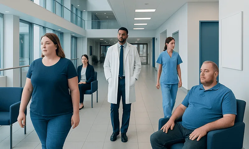Patients waiting in a hospital corridor with medical staff present.
