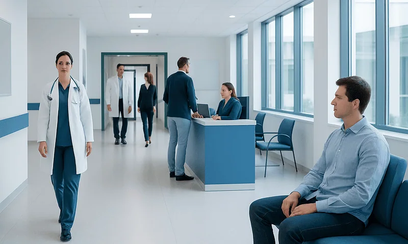 Hospital corridor with medical staff and patients in a modern healthcare facility.