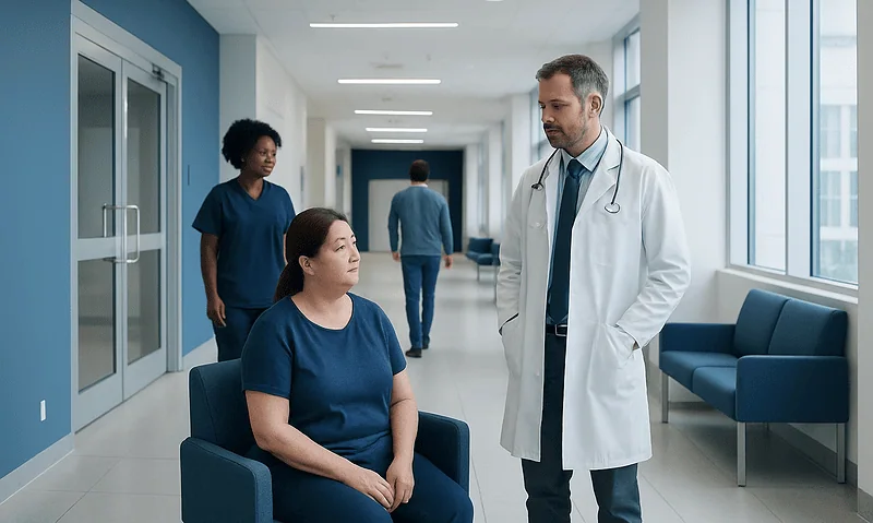 Doctor consulting with patient in hospital corridor.