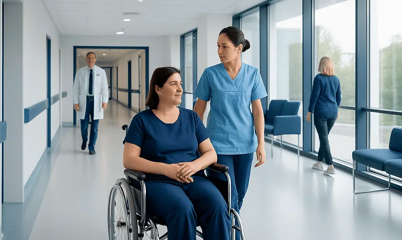 Patient in wheelchair with nurse in hospital corridor at Acibadem Hospitals.