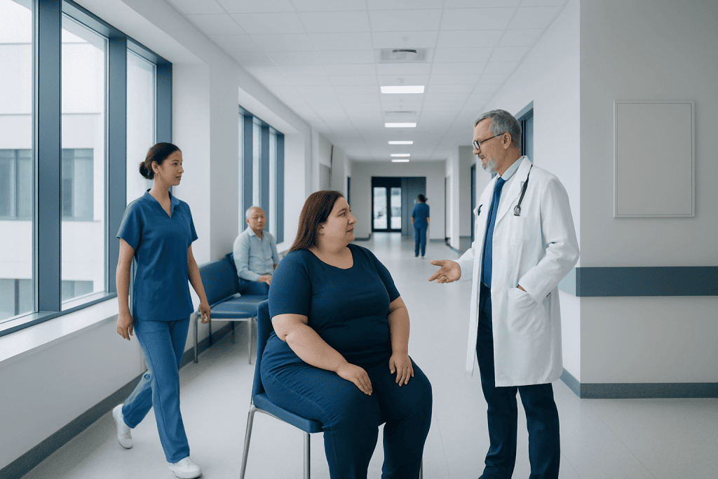 What Is Bariatric Surgery? How It Works and Who It May Help 1 Doctor consulting with a patient in a hospital corridor.