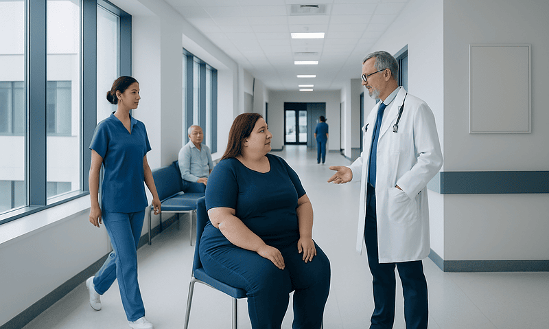 Doctor consulting with a patient in a hospital corridor.