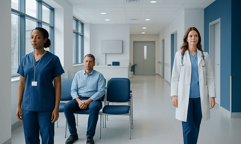 Medical professionals and patient in a hospital corridor at Acibadem Hospitals Group.