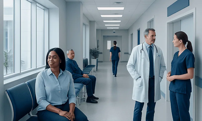 Patients and medical staff in a hospital corridor at Acibadem Hospitals Group.
