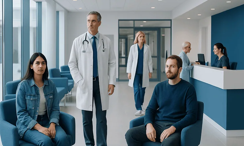 Medical consultation in a modern hospital waiting area with patients and doctors.
