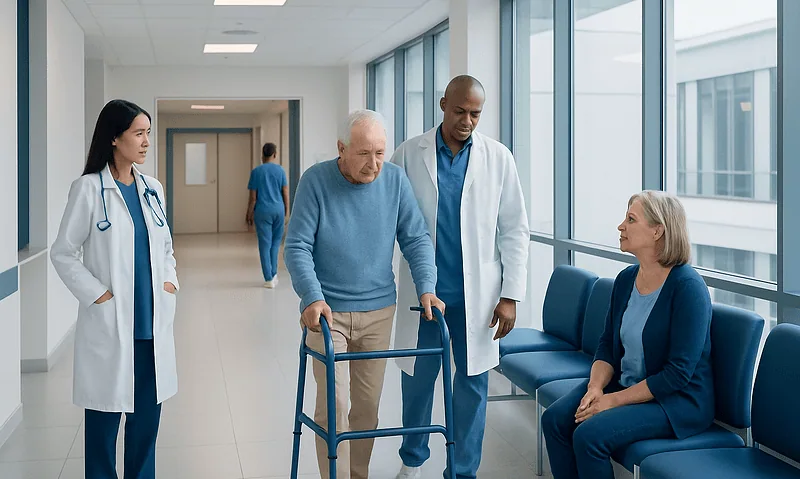 Elderly patient with walker in hospital corridor with medical staff.