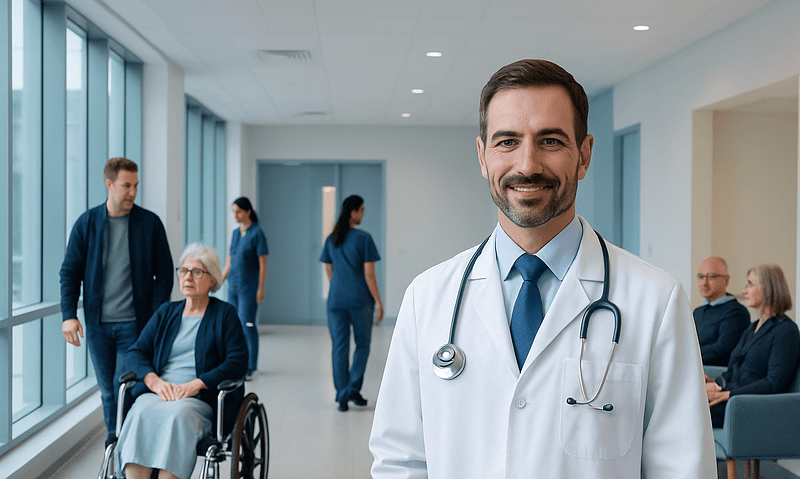 Doctor with stethoscope in hospital with patients and staff.
