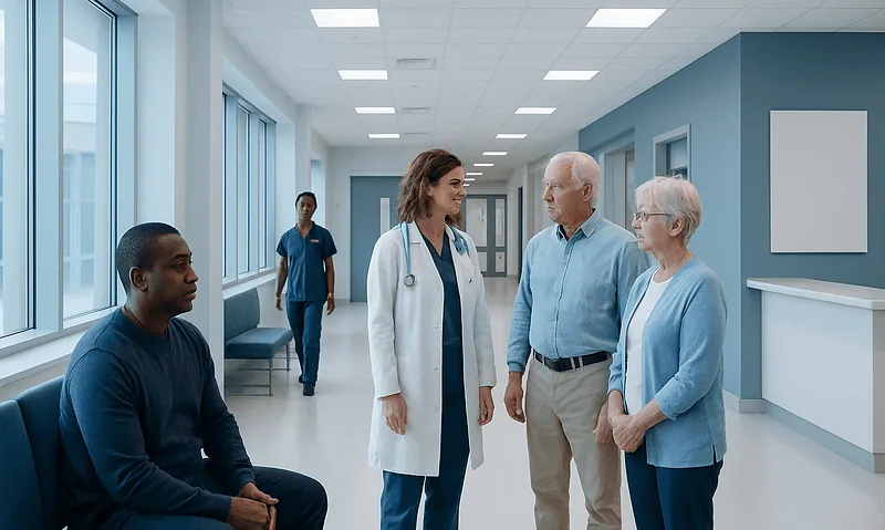 Hospital staff consulting with elderly patients in a modern healthcare facility.
