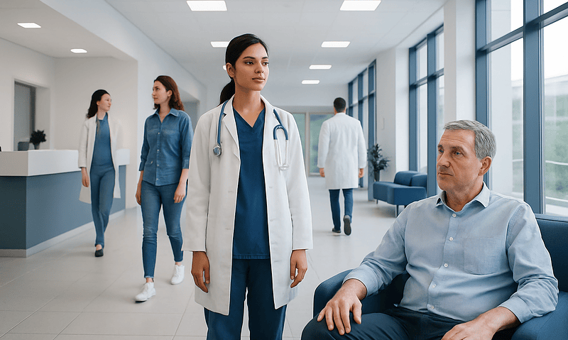 Healthcare professionals and a patient in a modern hospital corridor.