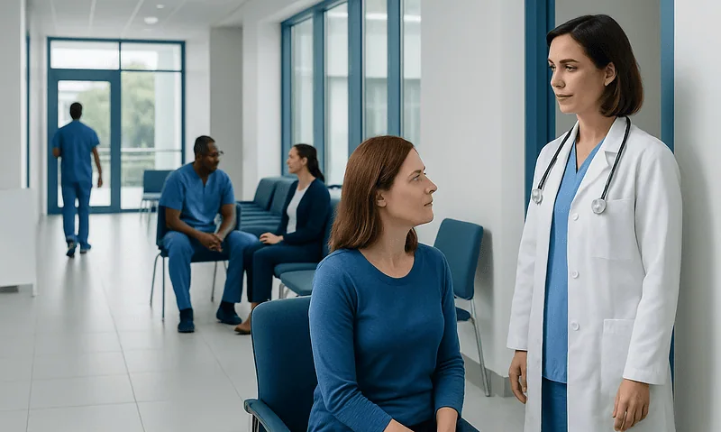 Doctor consulting a patient in a hospital corridor with other patients nearby.