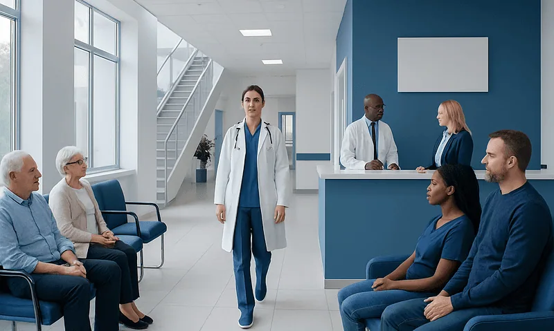 Medical consultation in a modern hospital waiting area with diverse patients and staff.