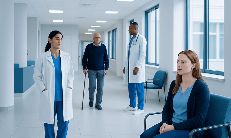 Medical team consulting with patient in hospital corridor.