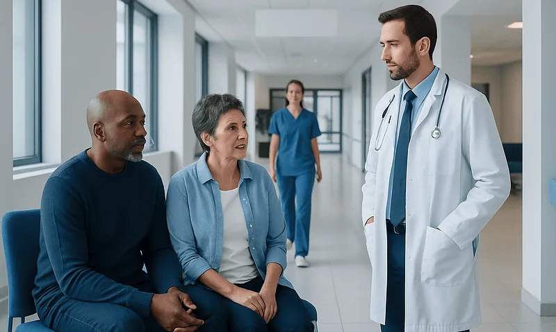 Doctor consulting with patients in hospital corridor.