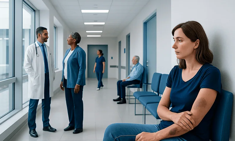 Patient waiting in hospital corridor with medical staff nearby.