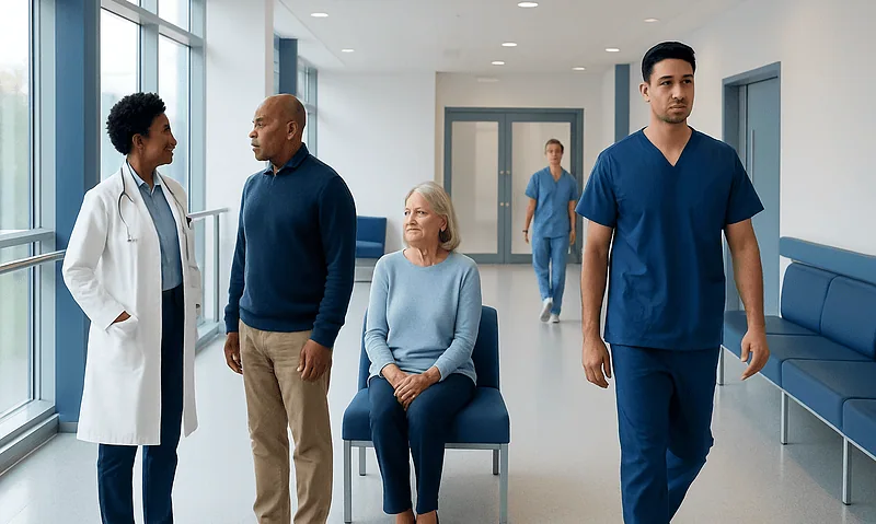 Medical staff and patient in hospital corridor at Acibadem Hospitals Group.