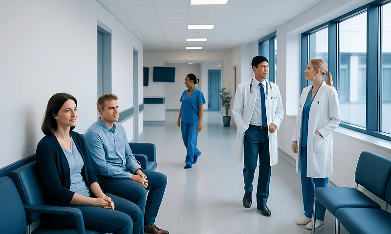 Medical professionals and patients in a hospital corridor at Acibadem Hospitals Group.