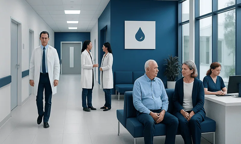 Medical consultation in a modern hospital corridor with doctors and patients.