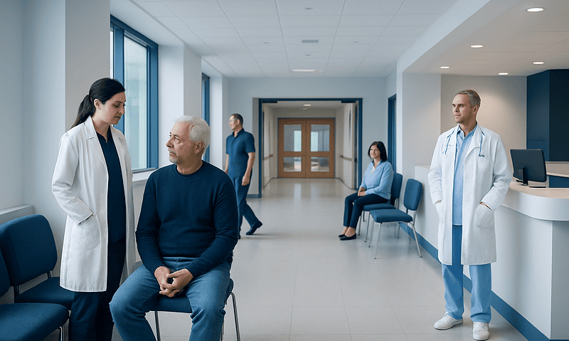 Doctor consulting with patient in hospital corridor.