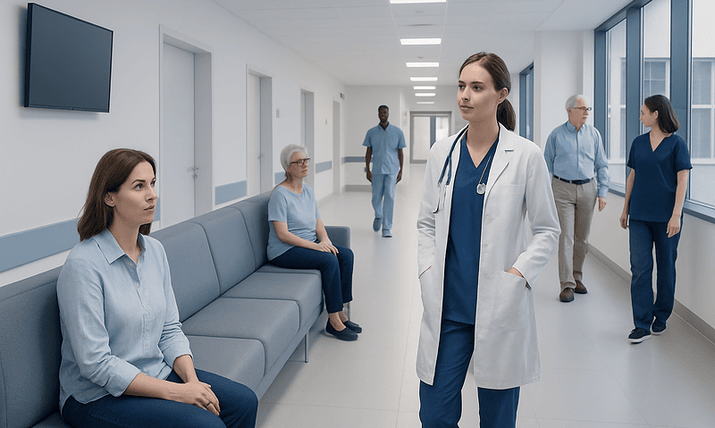 Healthcare professionals and patients in a hospital corridor.