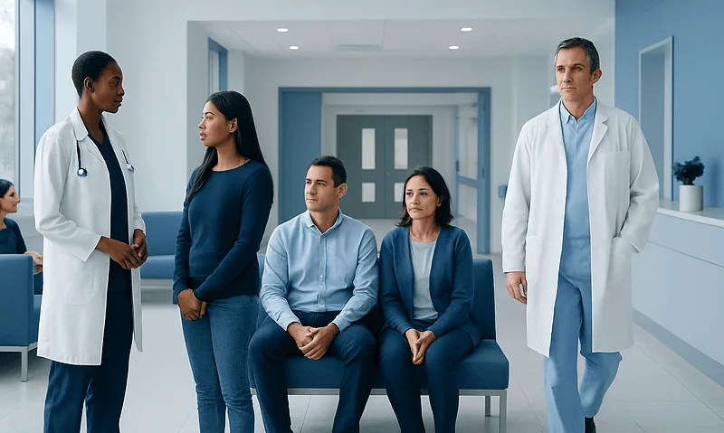 Medical team discussing patient care in hospital corridor.