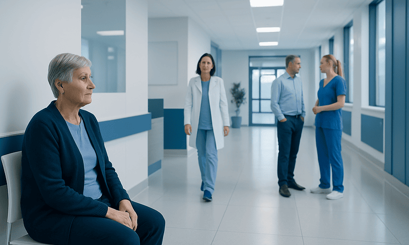 Senior woman waiting in hospital corridor with medical staff nearby.