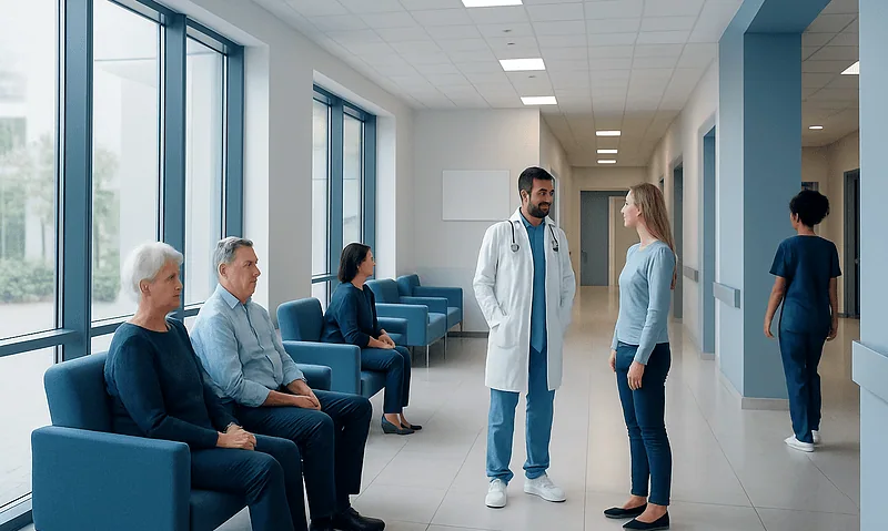 Doctor consulting with a patient in a modern hospital corridor.