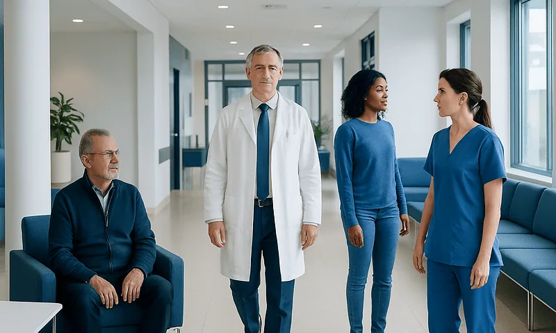 Types of Joints in the Body Explained 9 Medical team consulting in hospital corridor with patients and staff.