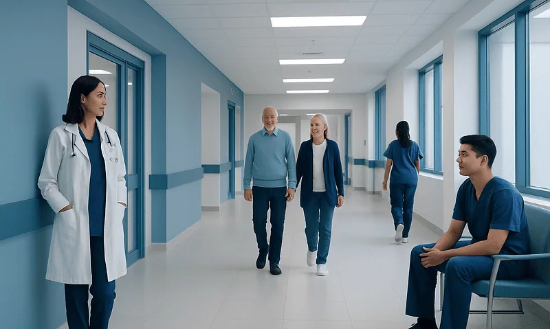 Healthcare professionals and patient in hospital corridor at Acibadem Hospitals Group.