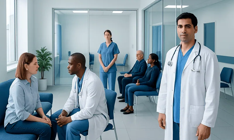 Medical consultation in a hospital with doctors and patients.
