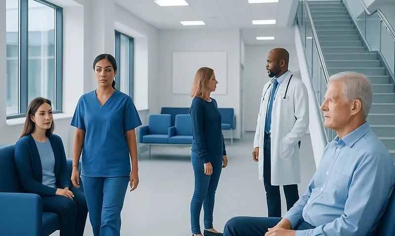 Cartilage at Joints: What It Does and Why It Matters 6 Medical consultation in a hospital waiting area with healthcare professionals and patient.