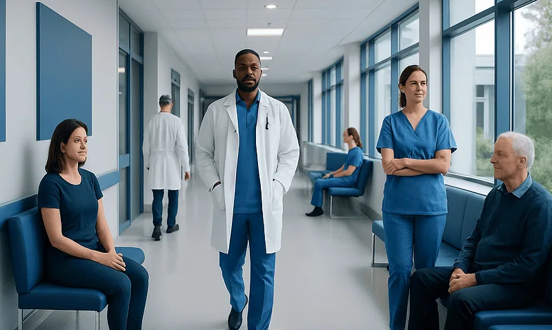 What Holds Bones Together at Joints? Ligaments, Tendons, and Cartilage 2 Healthcare professionals and patients in a modern hospital corridor.
