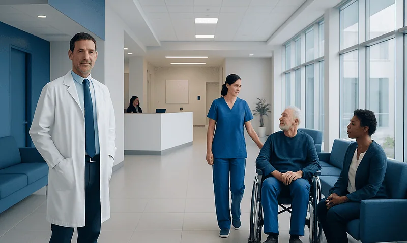 Synovial Joints Explained: How They Move and Why Cartilage Matters 1 Hospital staff and patient in a modern medical facility.