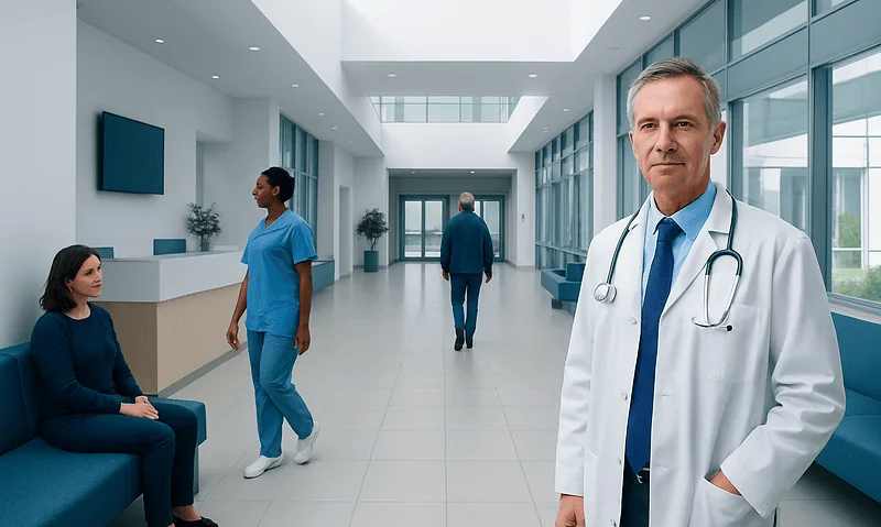 Doctor in hospital corridor with patients and staff.