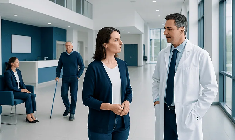Doctor and patient discussing in a modern hospital corridor.
