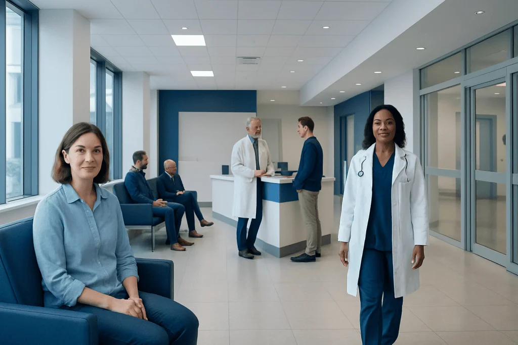 How Many Bones Are in the Wrist Joint? A Guide to Wrist Anatomy 1 Healthcare professionals and patients in a modern hospital waiting area.